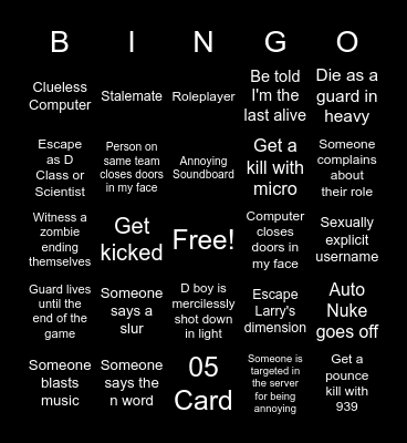 SCP SECRET LAB Bingo Card