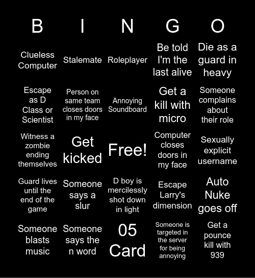 SCP SECRET LAB Bingo Card