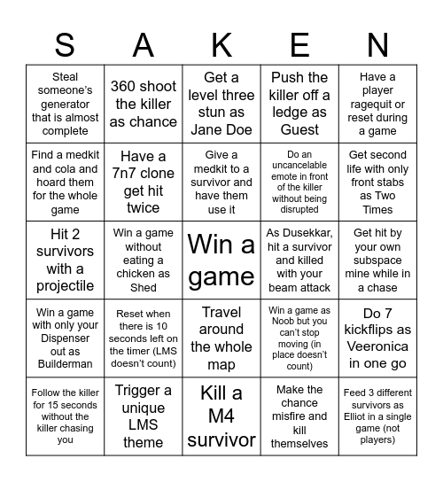 Forsaken Bingo Sheet Bingo Card
