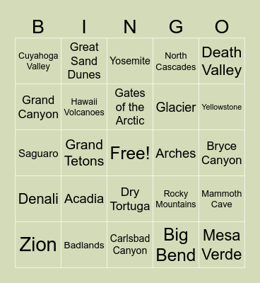 US National Parks Bingo Card