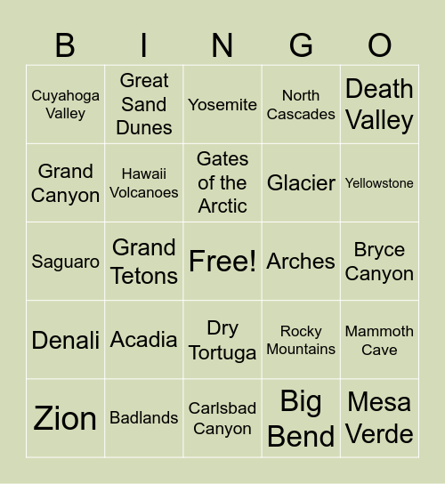 US National Parks Bingo Card