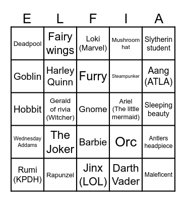 Costume Bingo Card
