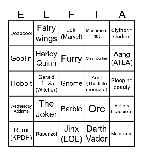Costume Bingo Card