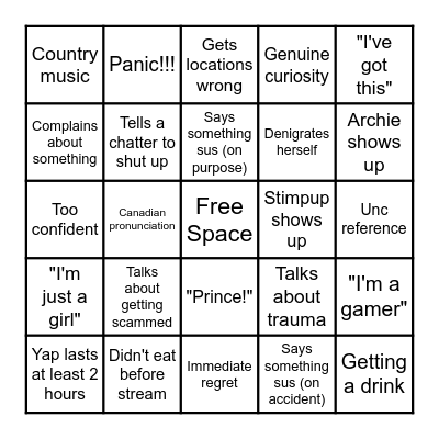 Stim Stream Bingo Card