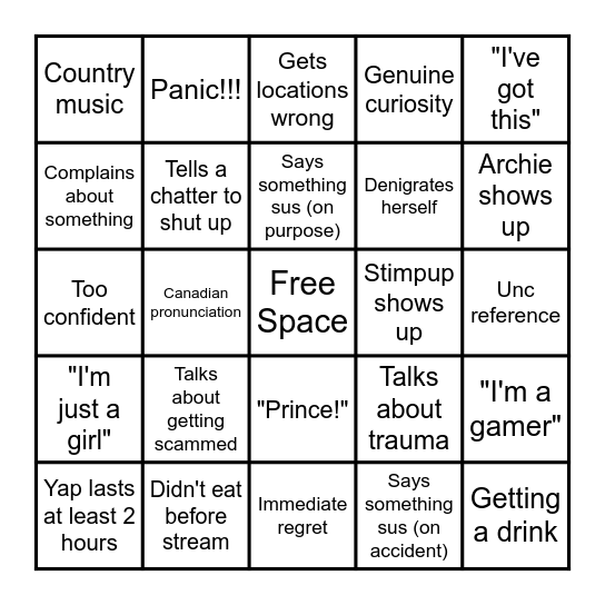 Stim Stream Bingo Card