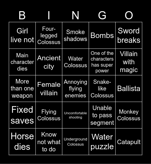 Shadow of the Colossus Bingo Card