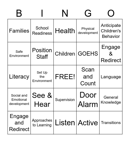 Active Supervision Bingo Card