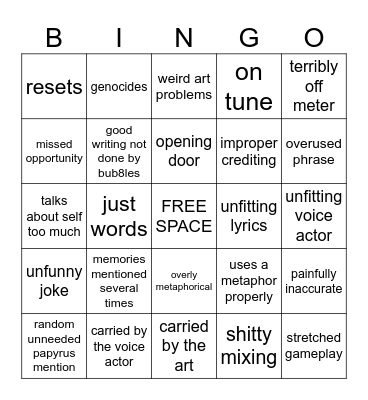 Bub8les Bingo Card