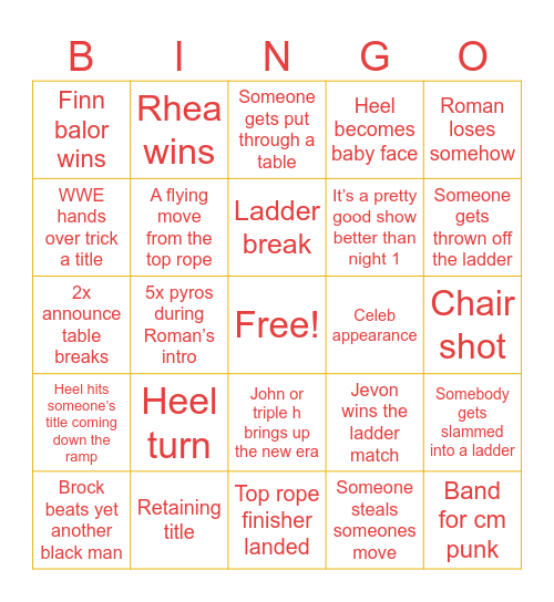 WrestleMania Night 2 Bingo Card Bingo Card