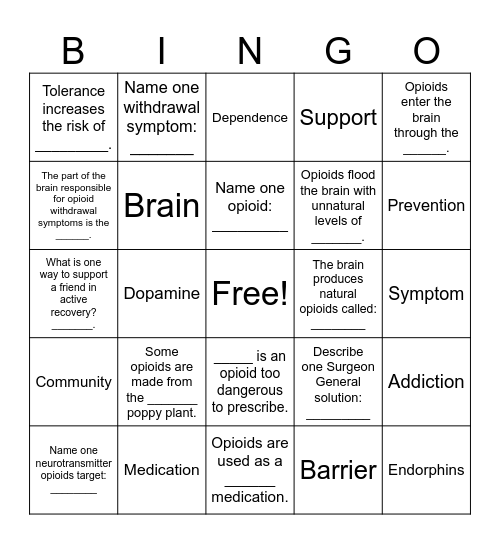 Opioid Bingo Card