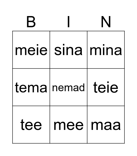 Asesõnad Bingo Card