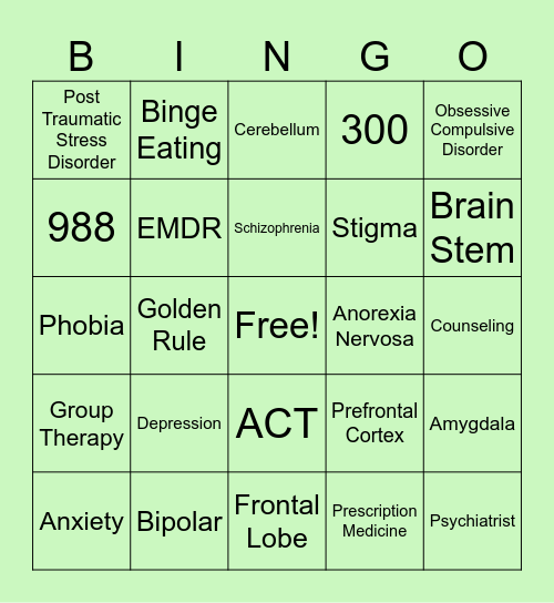 Mental Health Bingo Card