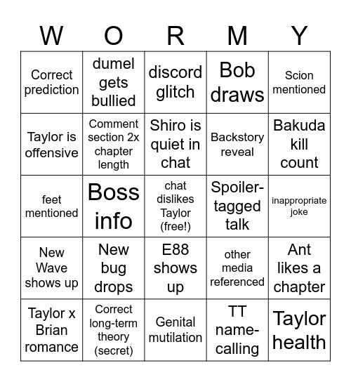 Pink Worm Book Club arc 5 Bingo Card