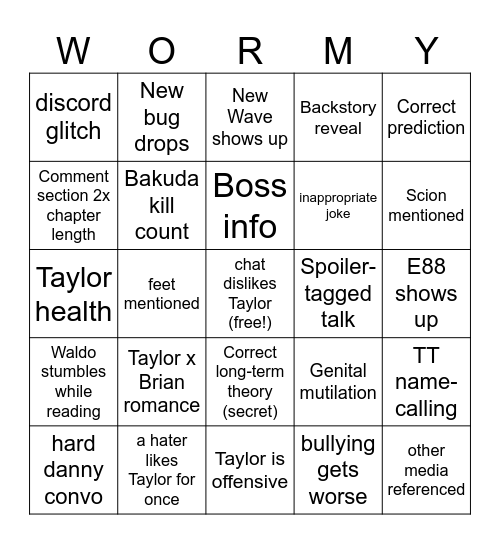 Pink Worm Book Club arc 5 Bingo Card