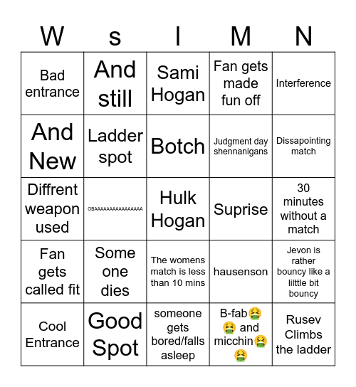 Wrestlemanis NIght 2 sunday Bingo Card