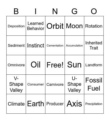 Earth and Organisms Bingo Card