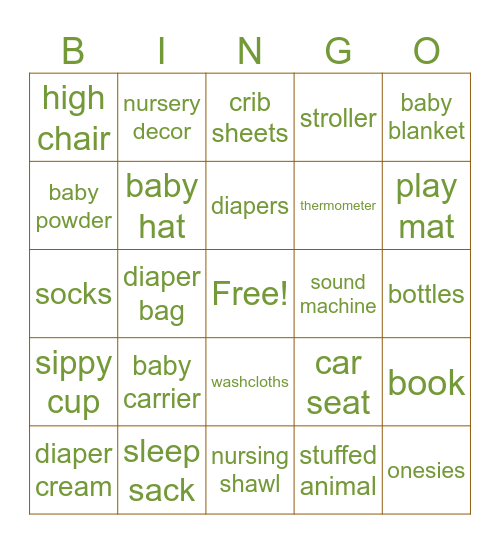 Baby Shower Bingo Card