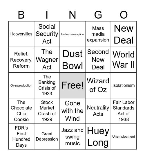 1930s Bingo Card