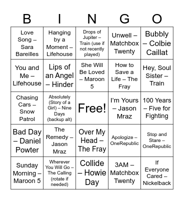2000s POP & ALT DEEP CUTS Bingo Card