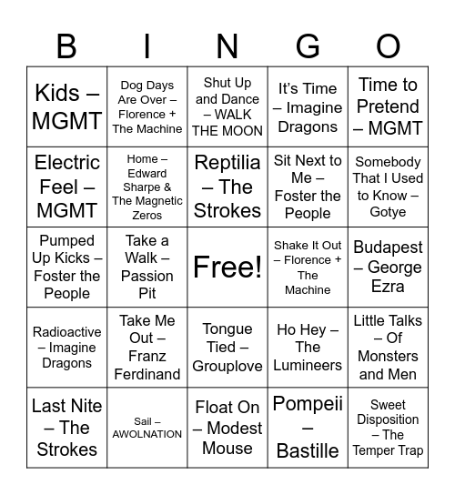 ALT ROCK & INDIE BAR VIBES Bingo Card