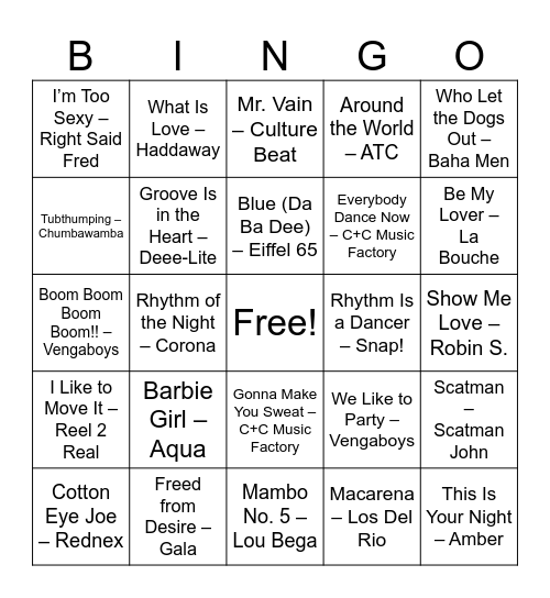GUILTY PLEASURE BANGERS Bingo Card