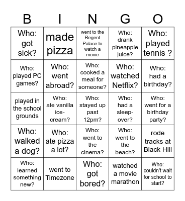 Back-to-School Bingo - What did you do over the holiday? Bingo Card
