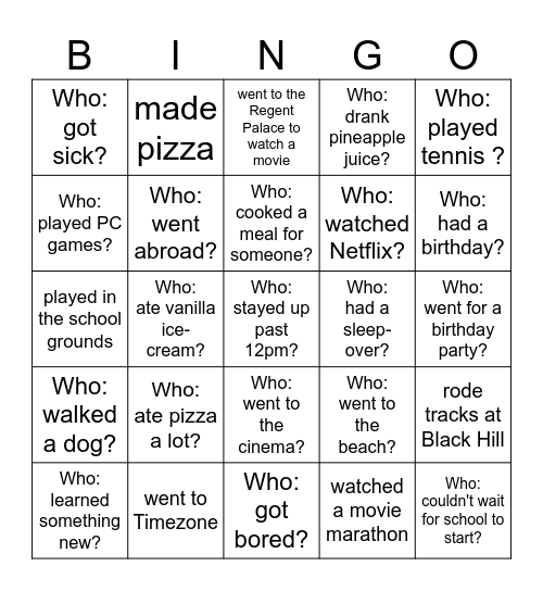 Back-to-School Bingo - What did you do over the holiday? Bingo Card