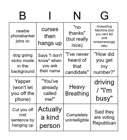 Phonebanking (medium difficulty ver) Bingo Card