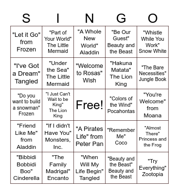 Royal Remix Disney Bingo Card
