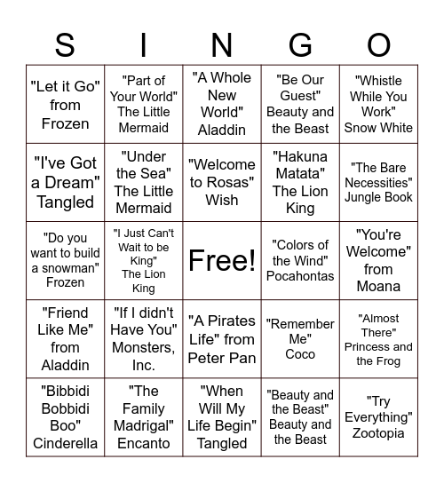 Royal Remix Disney Bingo Card