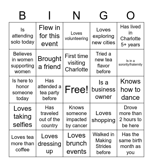 Sips & Soul Tea Party Ice Breaker Bingo Card