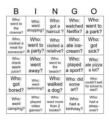 Back-to-School Bingo - What did you do over the holiday? Bingo Card