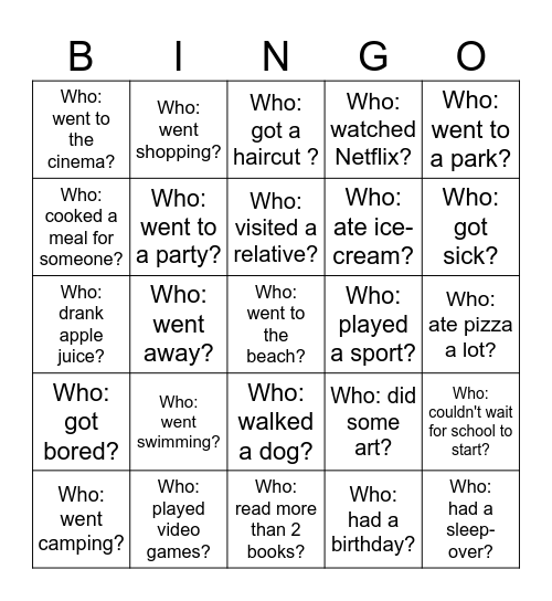 Back-to-School Bingo - What did you do over the holiday? Bingo Card