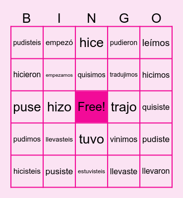 Irregular Preterite Verbs Bingo Card