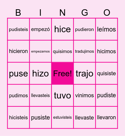 Irregular Preterite Verbs Bingo Card