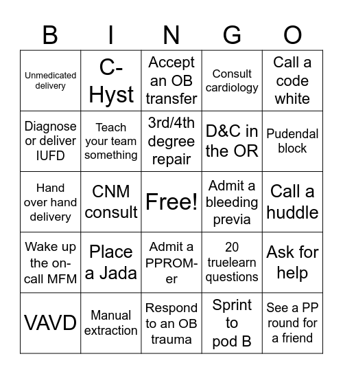 PGY3 Nights Bingo! Bingo Card