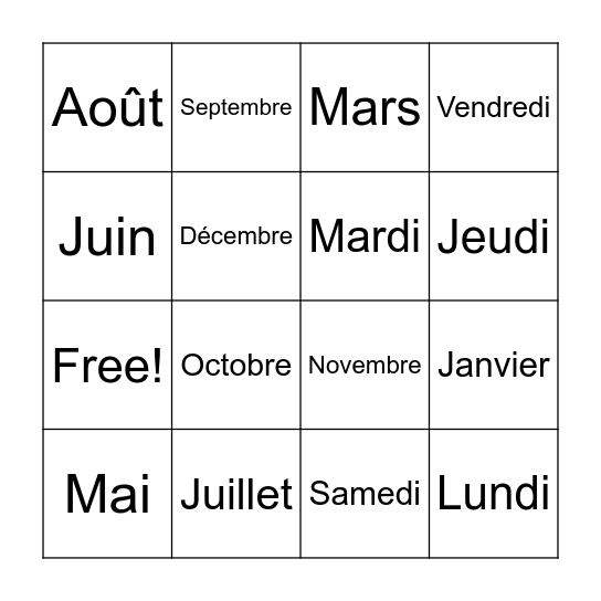 French Days and Months Bingo Card