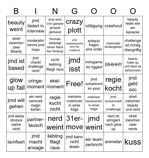 Beauty and the Nerd Bingo Card