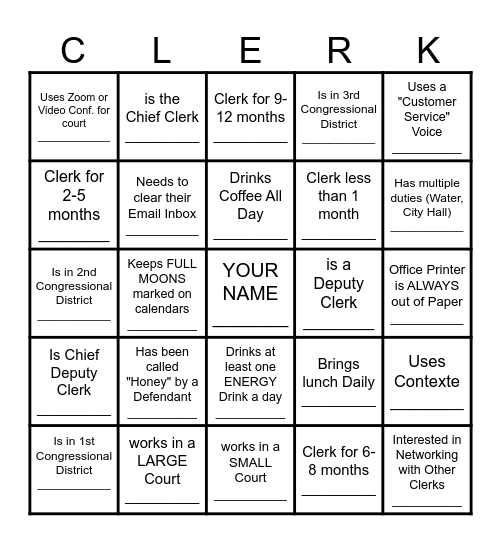Find a Clerk who......... Bingo Card