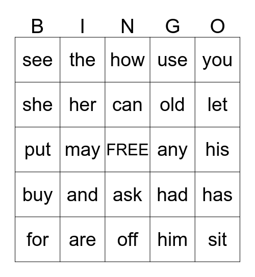 Three-Letter Sight Word Bingo K-2 Bingo Card