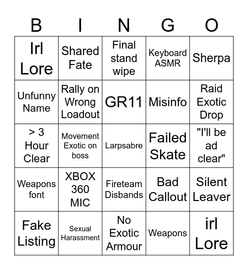 LFG Bingo Card