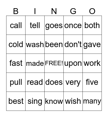 Four Letter Sight Word Bingo 2 &1 Bingo Card