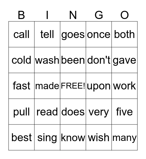 Four Letter Sight Word Bingo 2 &1 Bingo Card