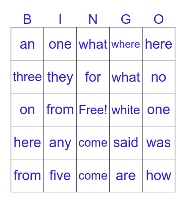Sight words Bingo Card