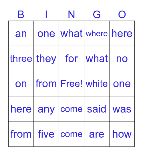 Sight words Bingo Card