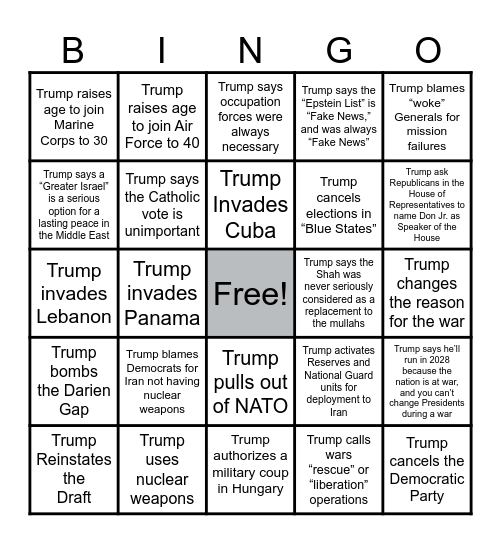 Trump War Bingo Card