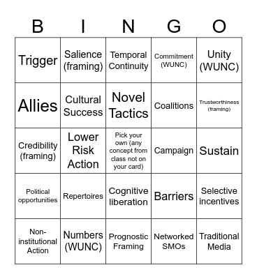 Social Movement Bingo Card