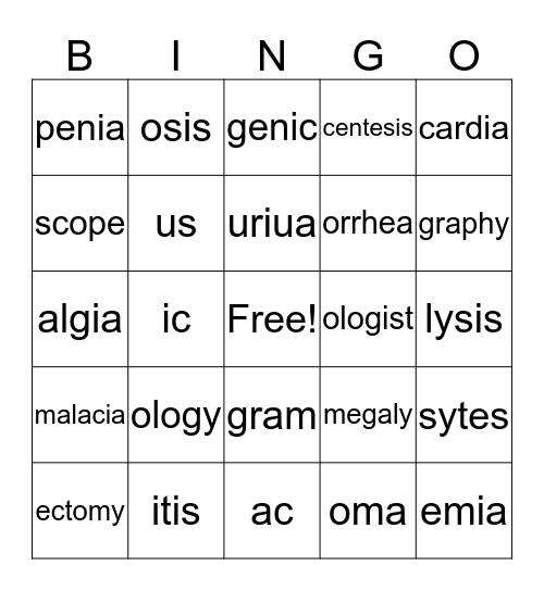 suffixes Bingo Card