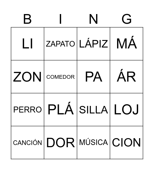 Silabas tonica y atona Bingo Card