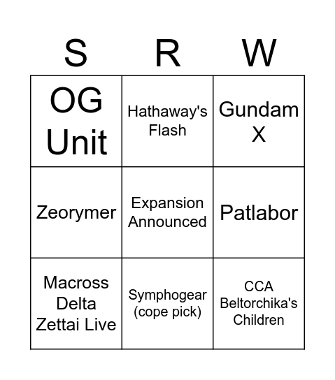 SRW Y Expansion Bingo Card
